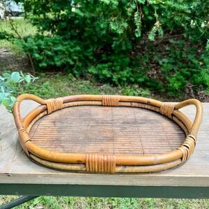 Old Antique Bamboo and Rattan Tray with Handles